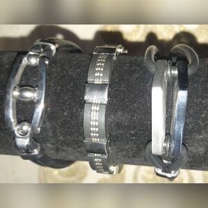 Men's 3 PC Silver and Black Bracelet Set